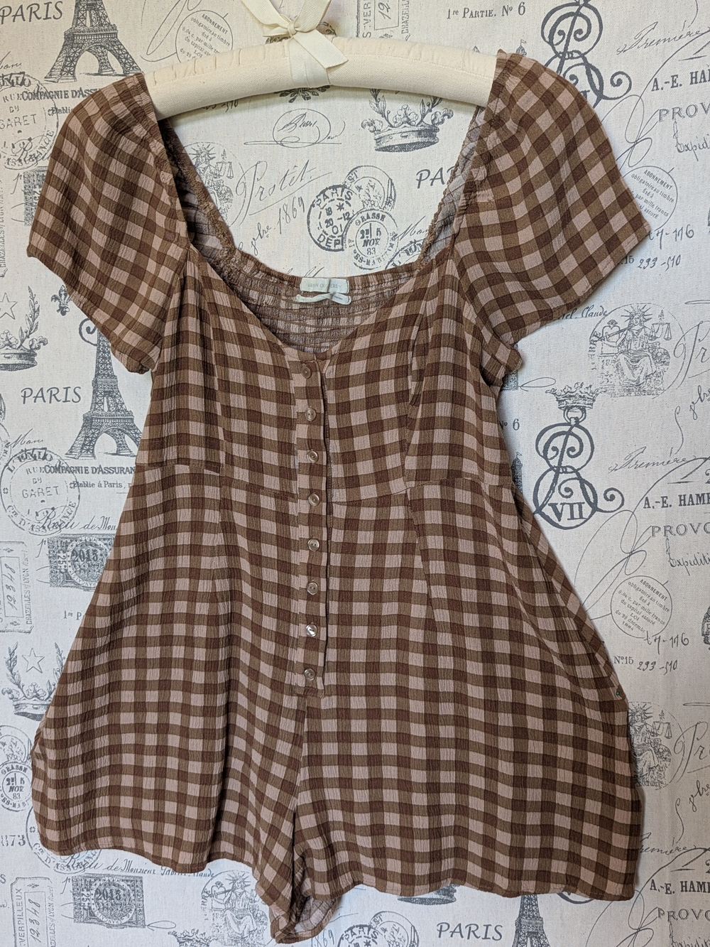 Urban Outfitters "Pocket Full of Sunshine" Brown Gingham Romper - Size Medium